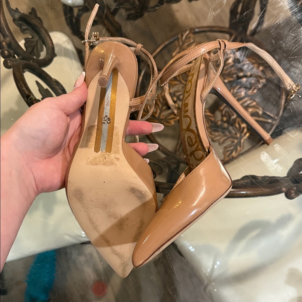 Sam Edelman Nude Patent Pointed-Toe Ankle-Strap Pumps - Picture 2 of 3